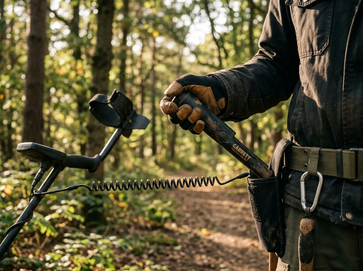 Detectorist's hand pulling a pinpointer from a holster while a retractable lanyard stays connected to the belt