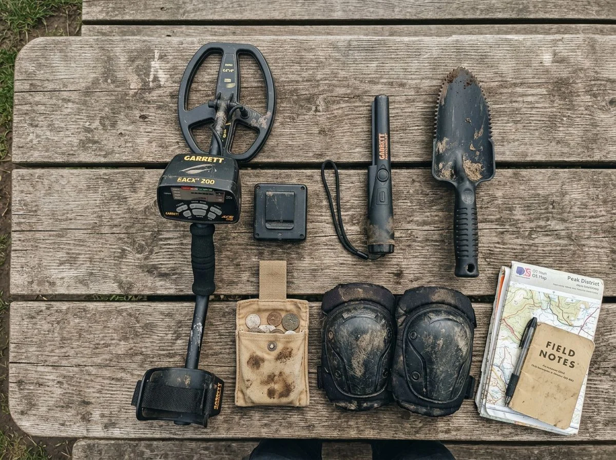 A neatly arranged flat-lay of compact metal detecting gear on a wooden picnic table.
