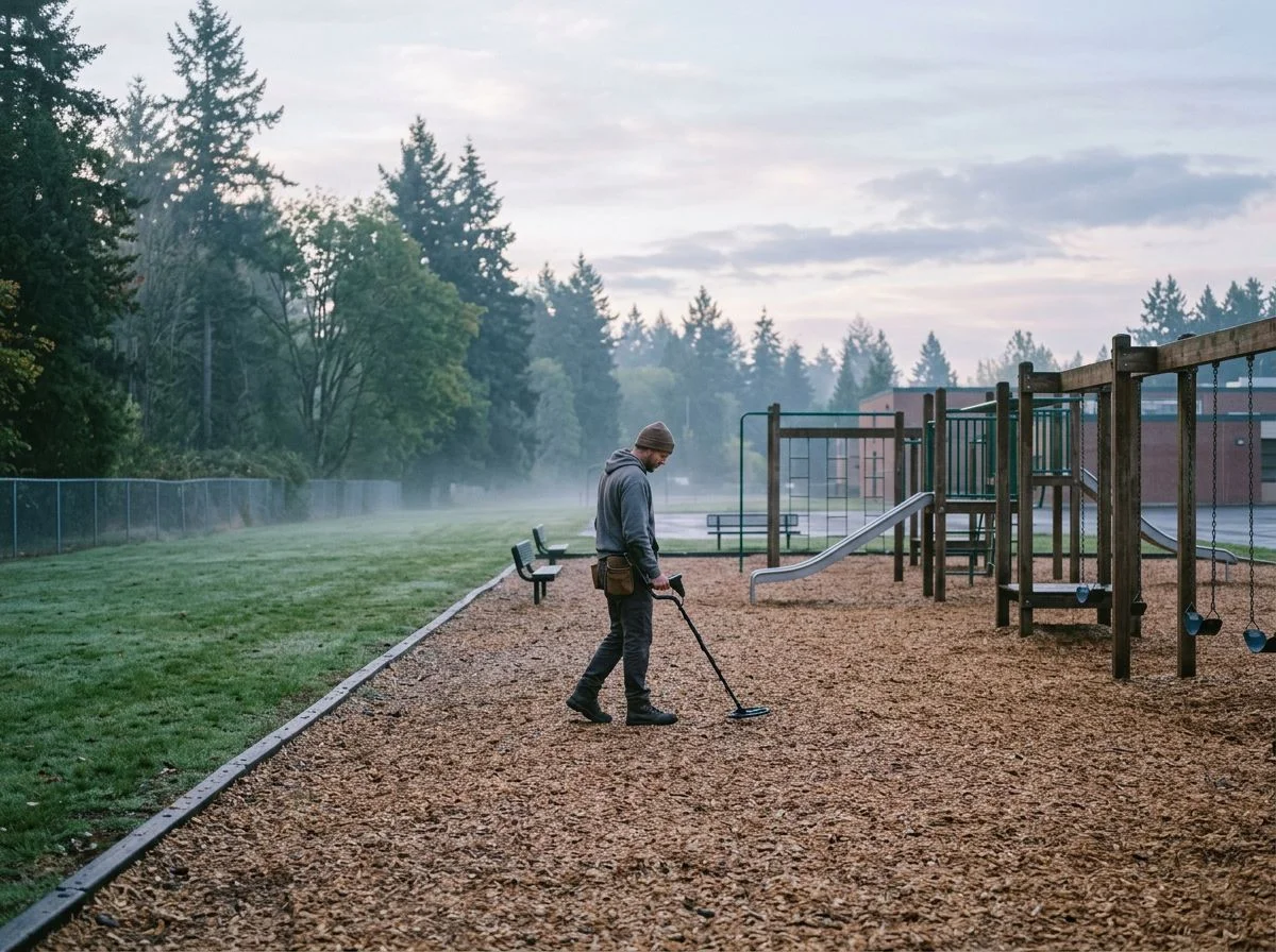 A man with a metal detector walks alone across an empty schoolyard playground in soft morning light.