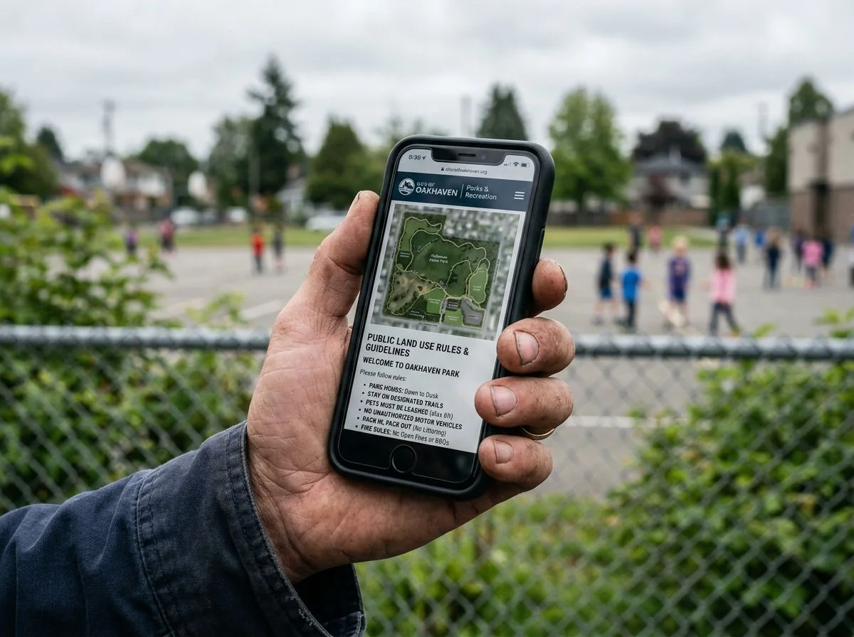 A hand holds a smartphone showing a city parks and recreation rules page, with a schoolyard blurred in the background.