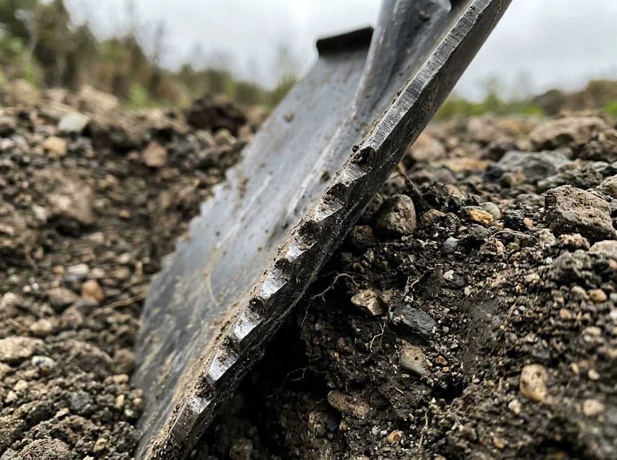 Close-up of a serrated metal detecting shovel blade cutting into rocky soil, highlighting the thick steel edge and aggressive teeth.