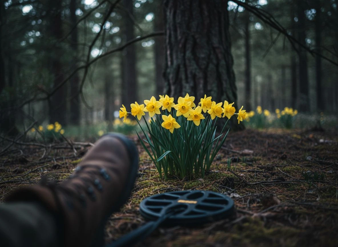 A cluster of daffodils blooming in a shady pine forest, a key clue for locating an old homestead garden.