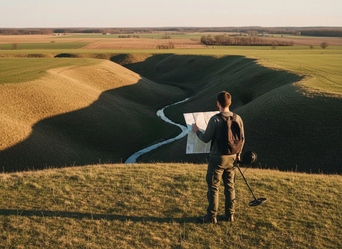 A detectorist surveying a flat terrace on a hillside near a creek, using a map to analyze the topography.