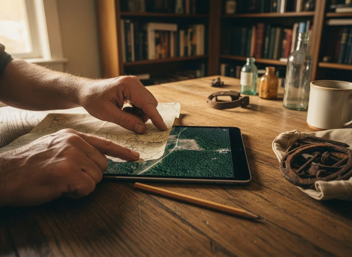 A detectorist's hands comparing an old topographic map to a modern satellite image on a tablet during site research.
