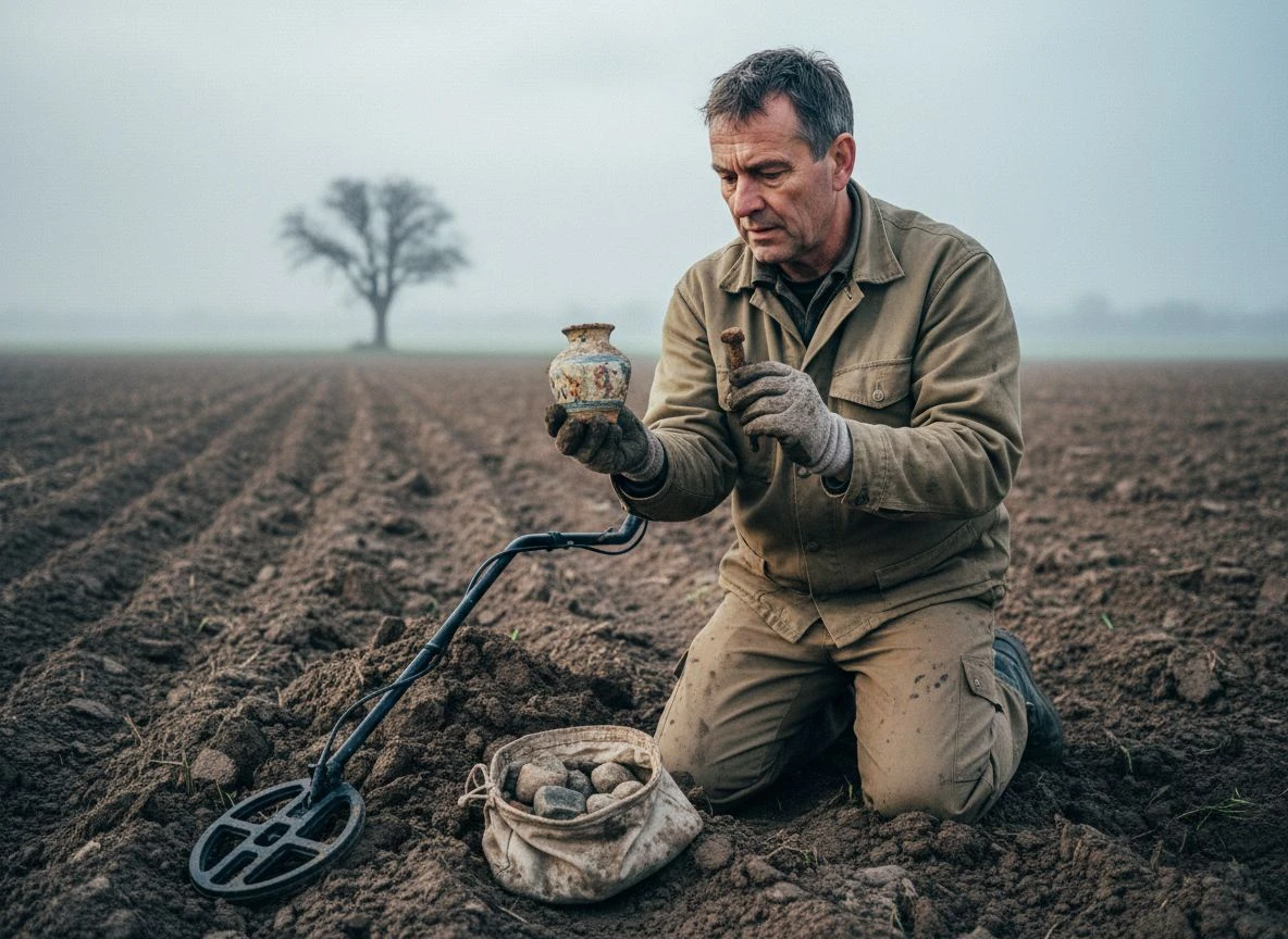 A metal detectorist kneeling in a plowed field, closely examining a piece of old pottery found during a visual survey.