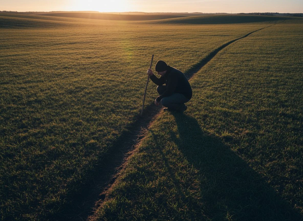 A detectorist uses a walking stick to probe a linear depression in a field at sunset, with long shadows revealing the micro-terrain.