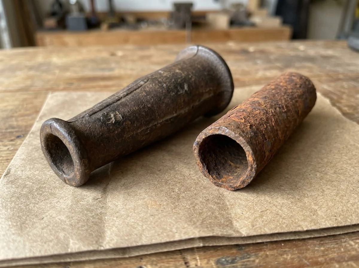 Side-by-side comparison of a tapered wagon skein and a rusted pipe section on a wooden workbench