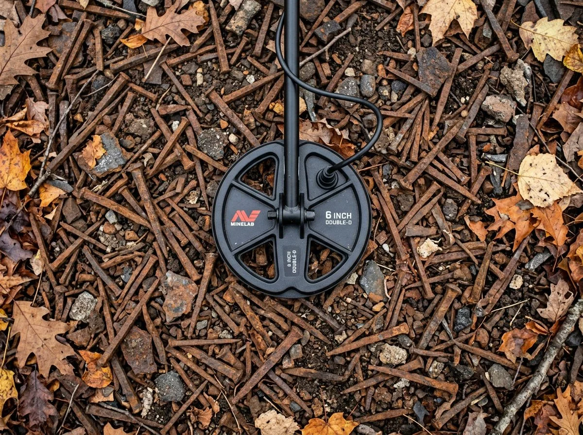 A small 6-inch metal detecting coil lying on a dense bed of rusty square nails and iron fragments in a forest.