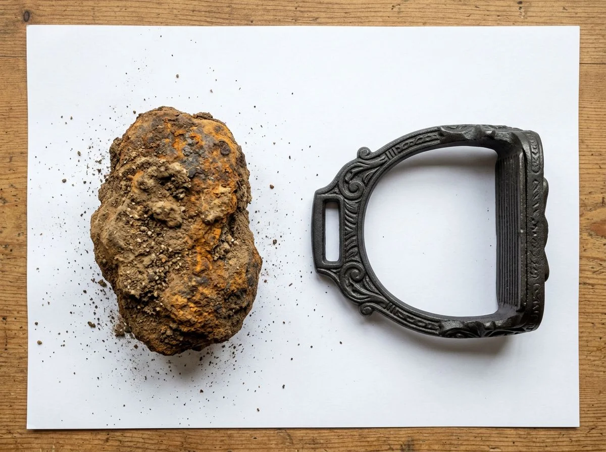 Side-by-side comparison of a rusted iron blob resembling a potato and the same object cleaned to reveal an antique stirrup.