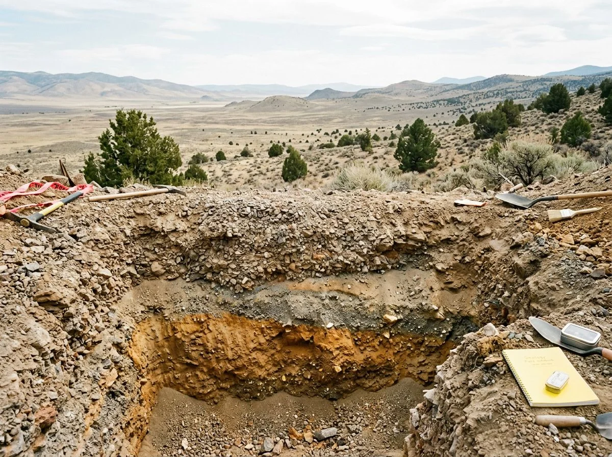 Excavated cross-section of historic mine tailings showing distinct sediment layers on a hillside