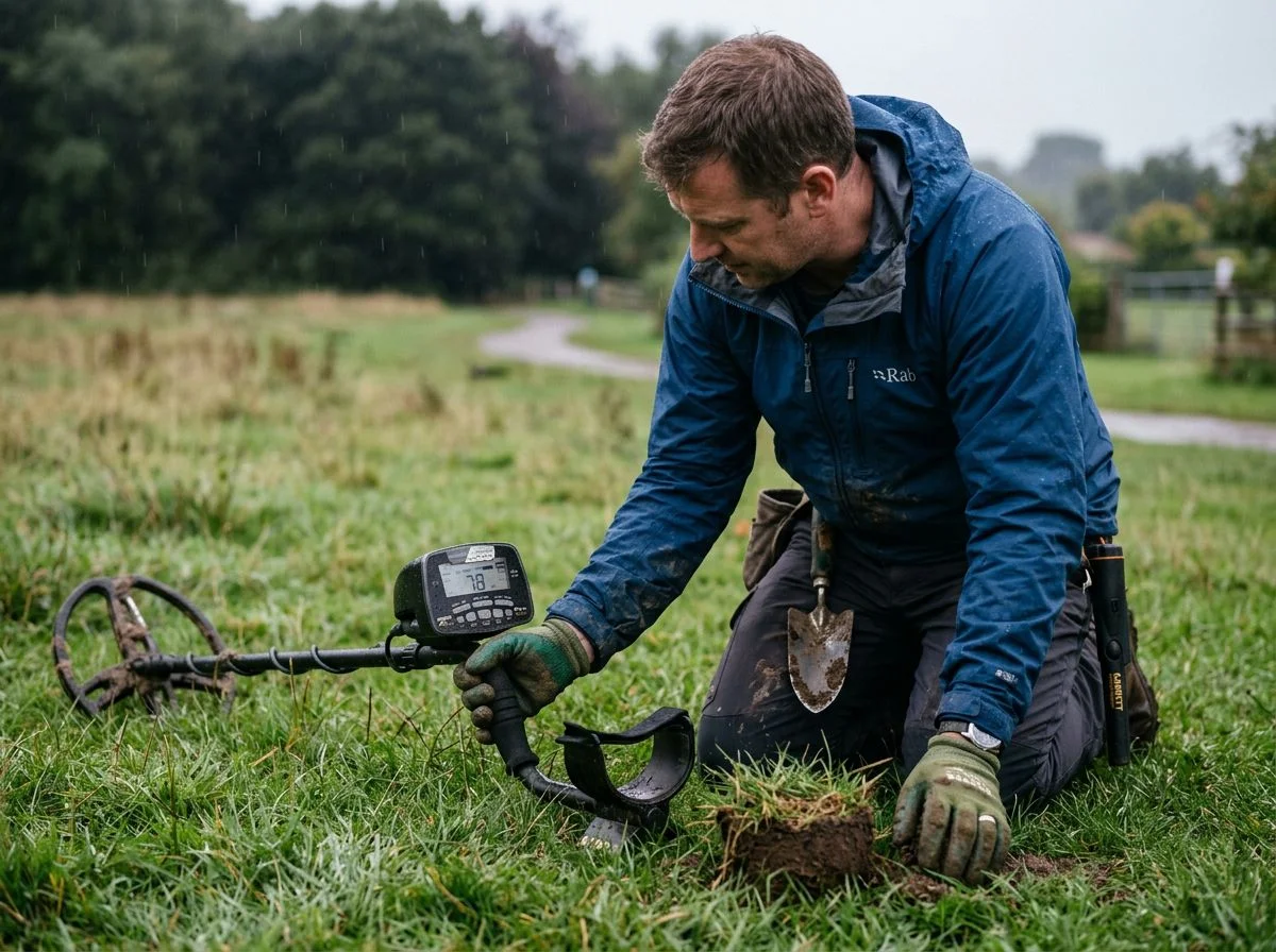 Metal detectorist kneeling on wet grass examining a target ID screen reading 78 after digging a small soil plug.