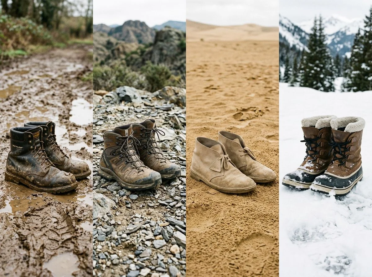 Four pairs of boots on mud, rocks, sand, and snow.
