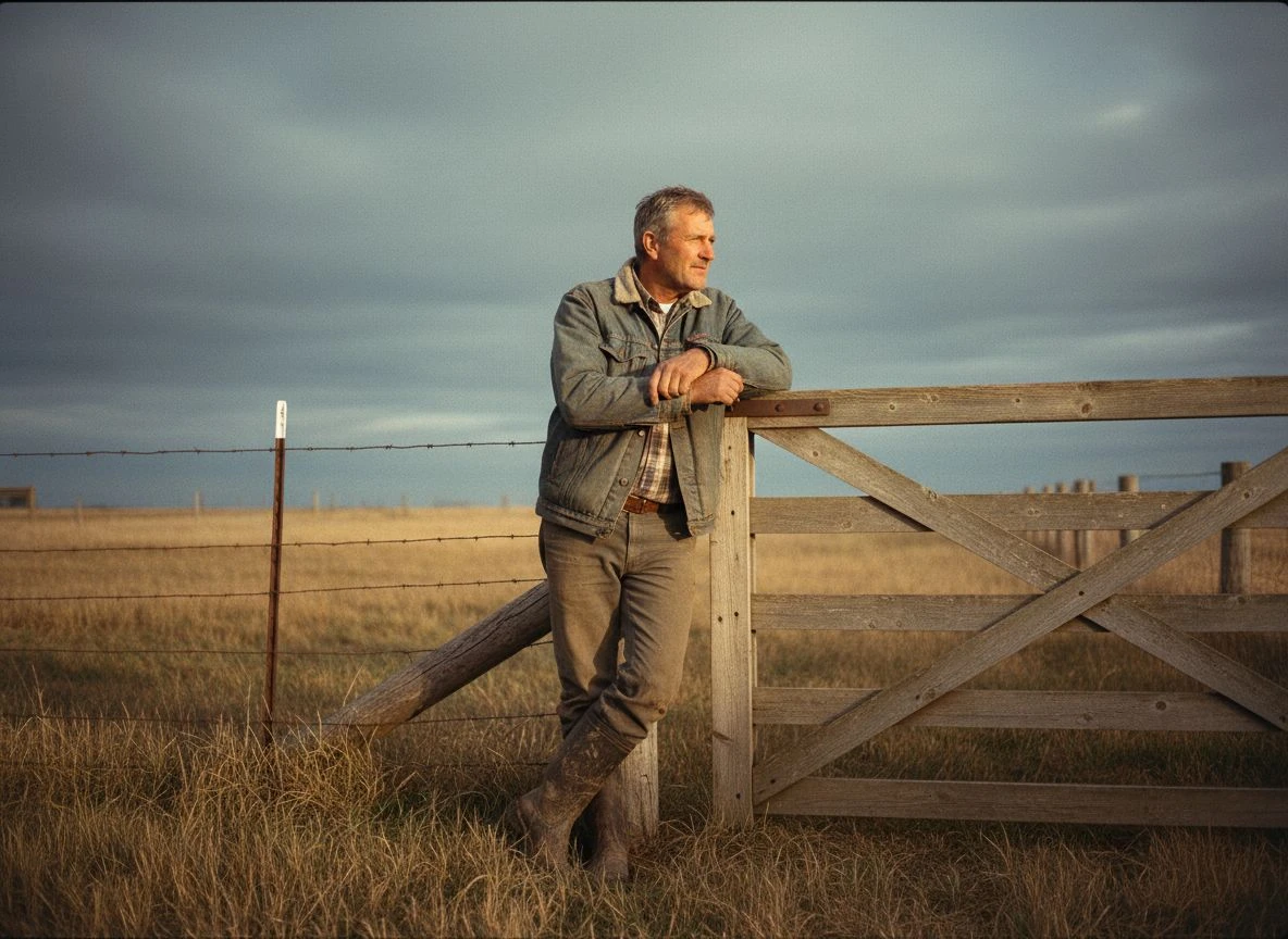 Farmer leaning on a gate with a wary expression, overcast sky behind him