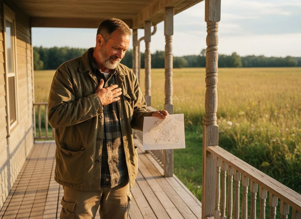 Metal detectorist holding a hand-drawn map on a napkin on a farmer's porch at golden hour