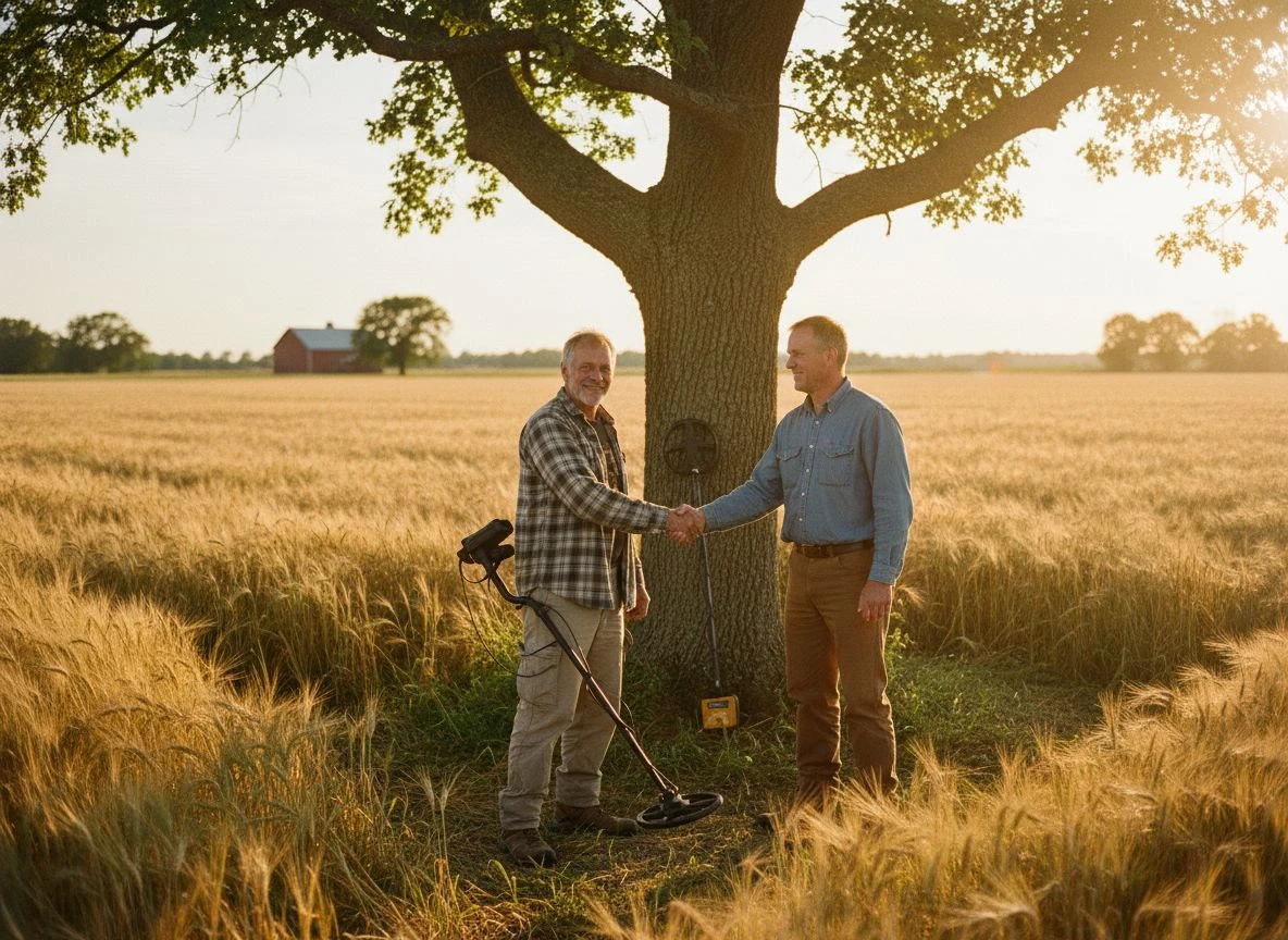Metal detectorist shaking hands with a farmer in a golden hour wheat field