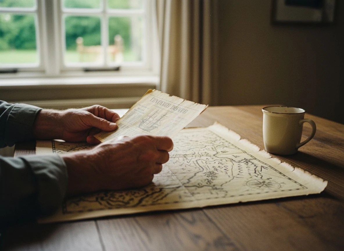 Hands holding an old newspaper clipping and a vintage map on a wooden table