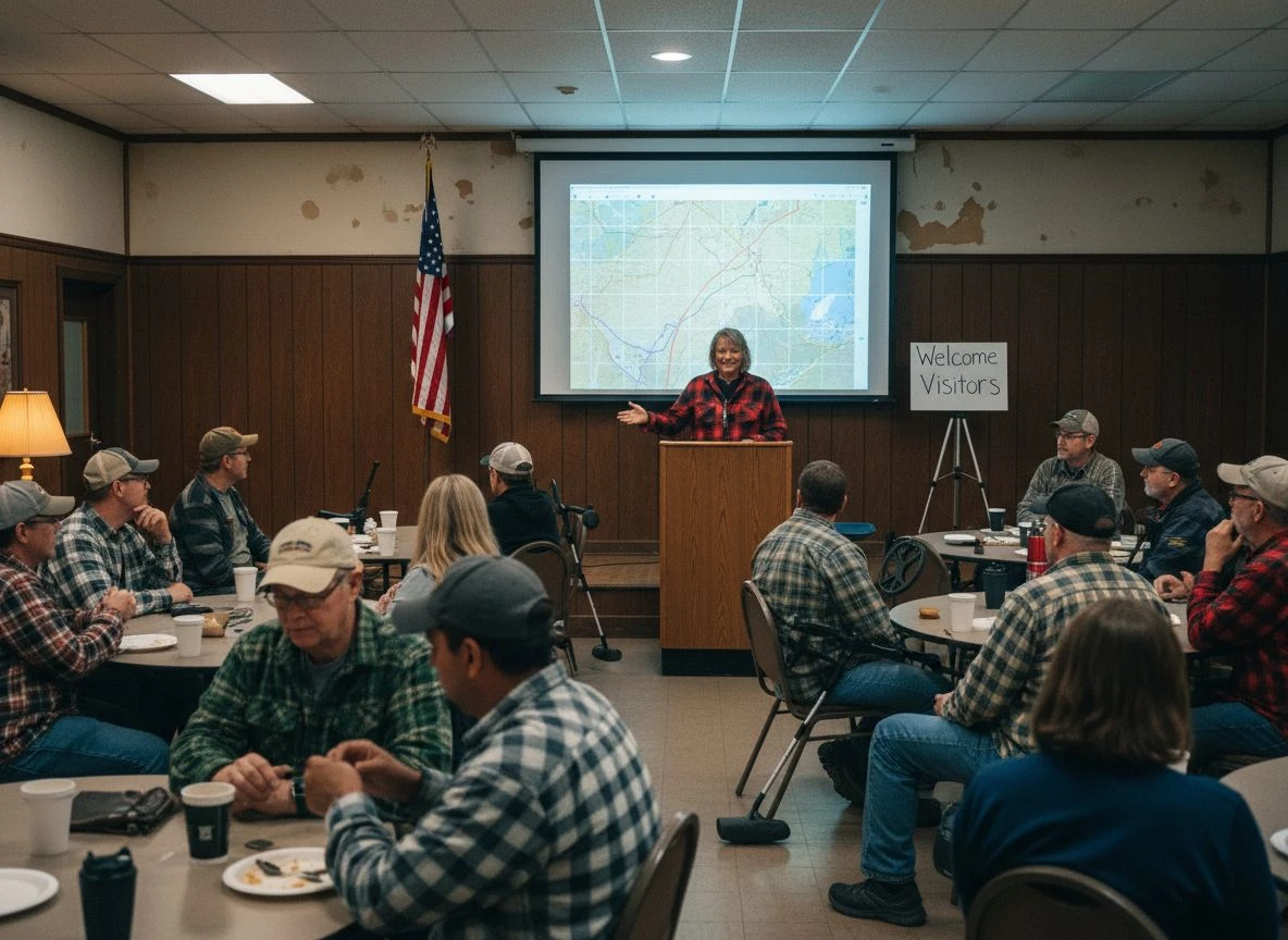 Metal detecting club meeting in a VFW hall with members and visitors around tables