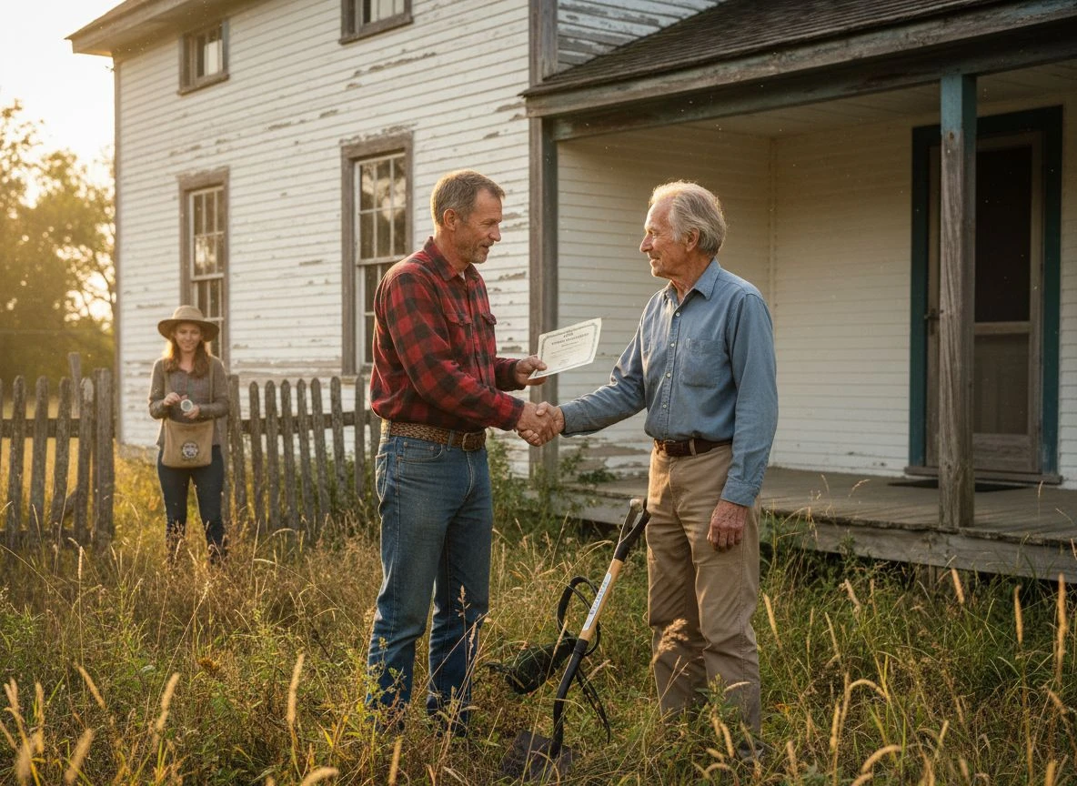 Club president handing insurance certificate to landowner by a farmhouse with metal detector visible