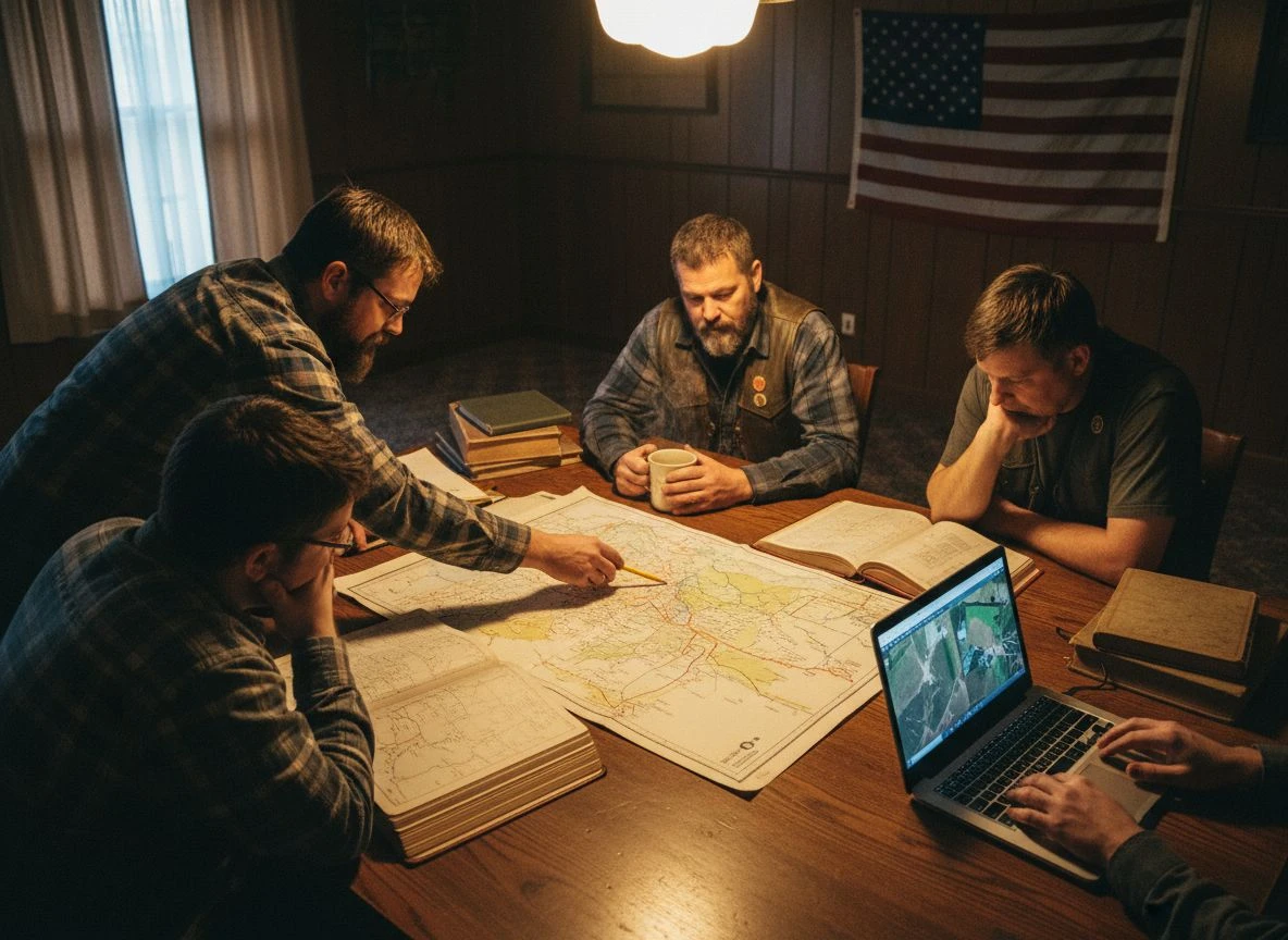 Club research night with members studying maps and aerial photos at a table