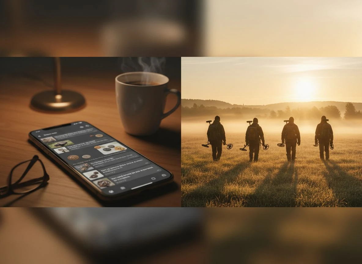 Split image of smartphone Discord chat with finds and group of detectorists walking in a field