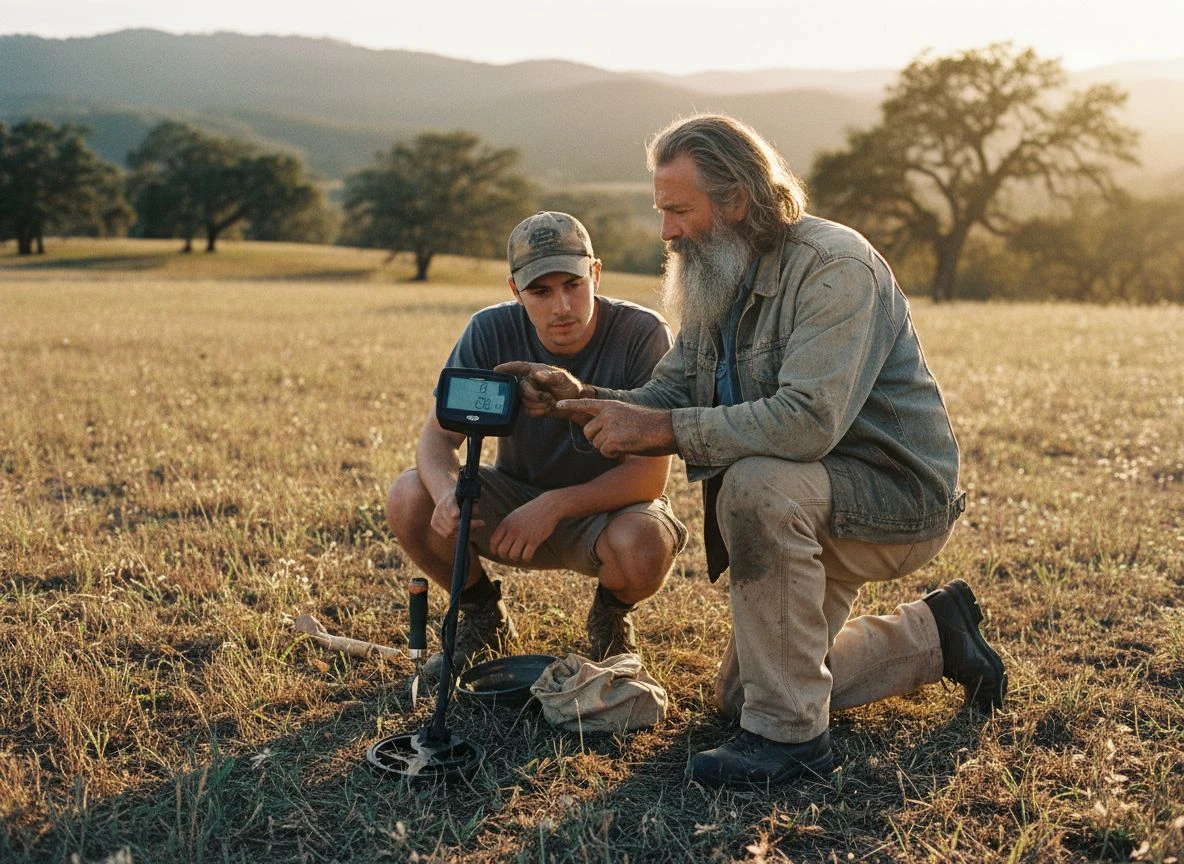 Older mentor showing younger detectorist the display of a metal detector in a field at golden hour