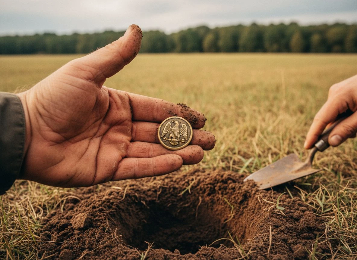 A dirt-covered hand holds a tarnished Civil War button next to a neatly dug hole in a grassy field.
