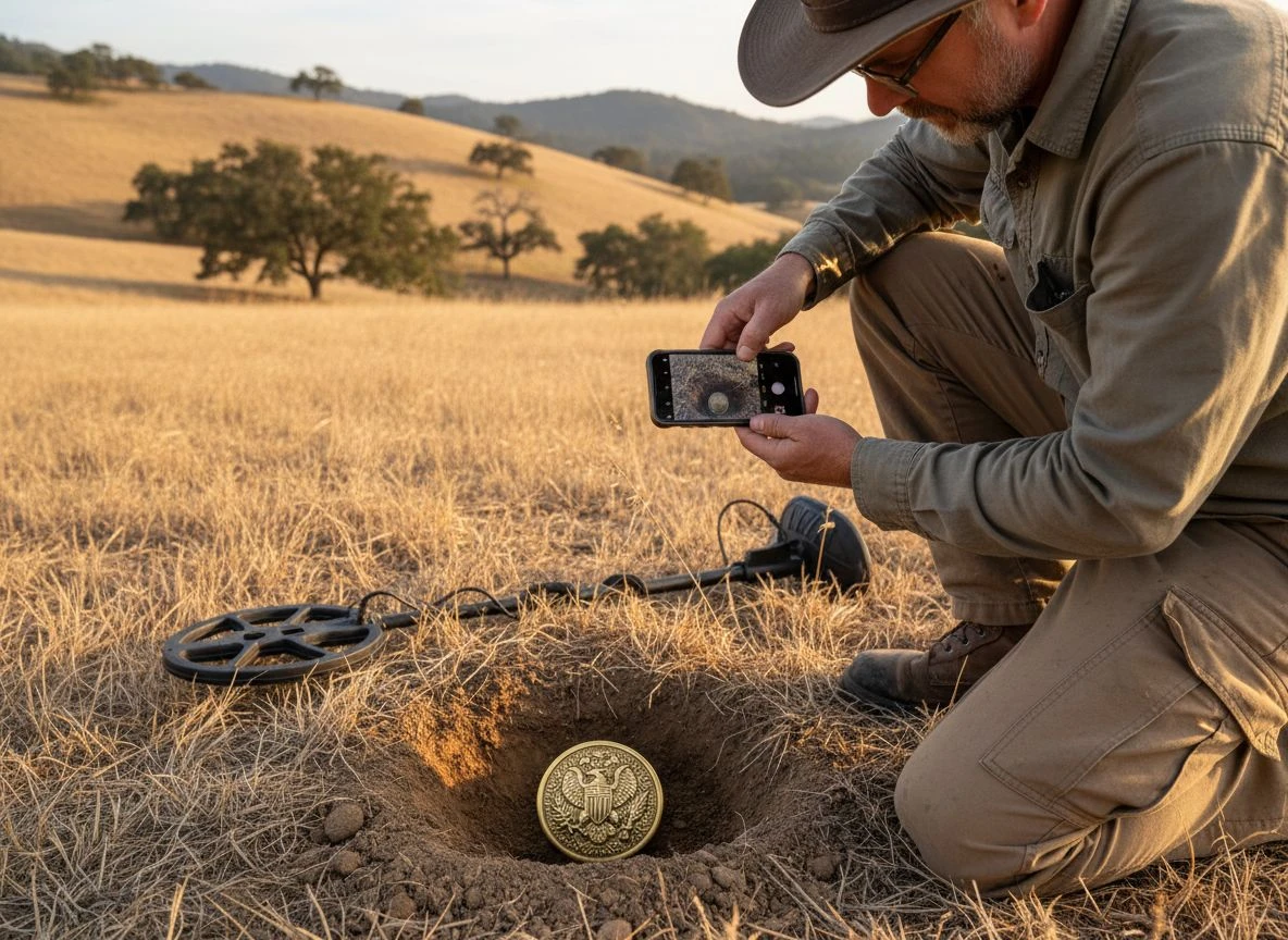 A metal detectorist uses a smartphone to document a relic in a hole in a dry field.