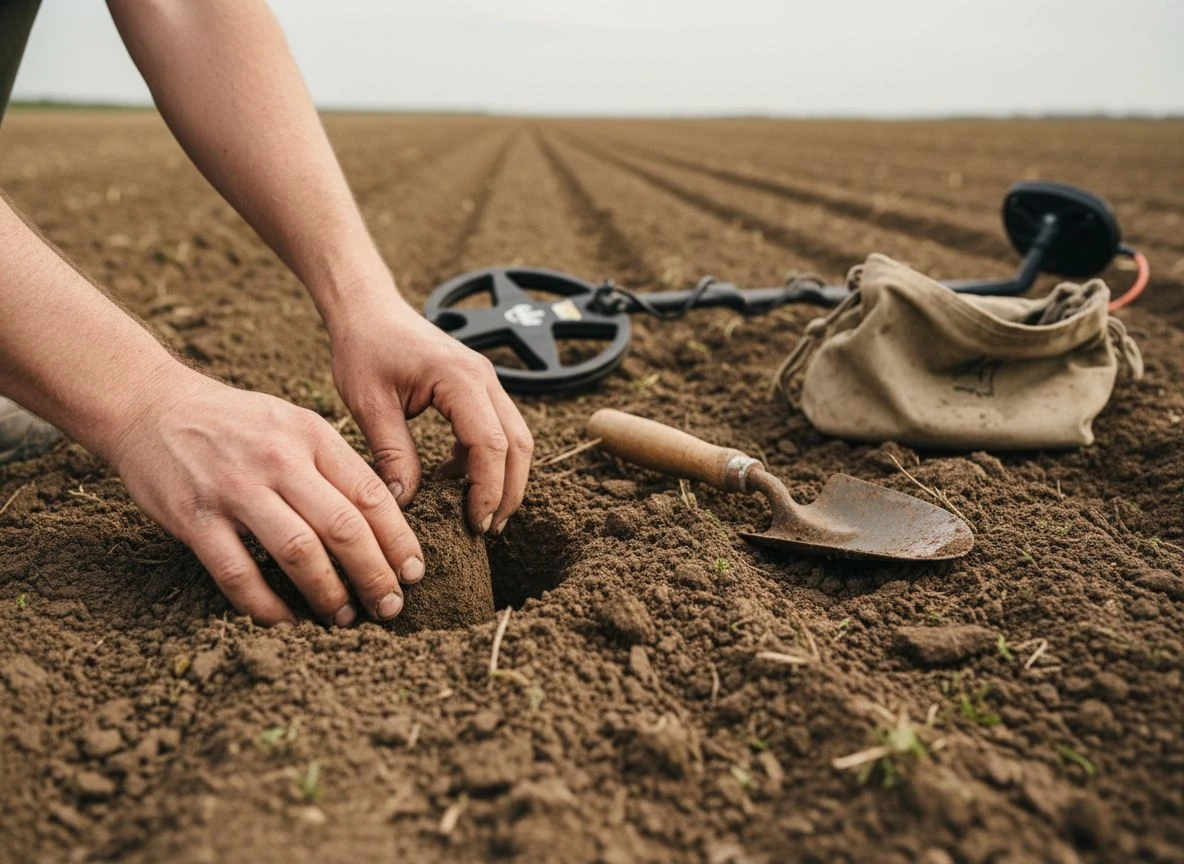 Hands carefully filling a small hole in a plowed field, with a metal detector nearby.
