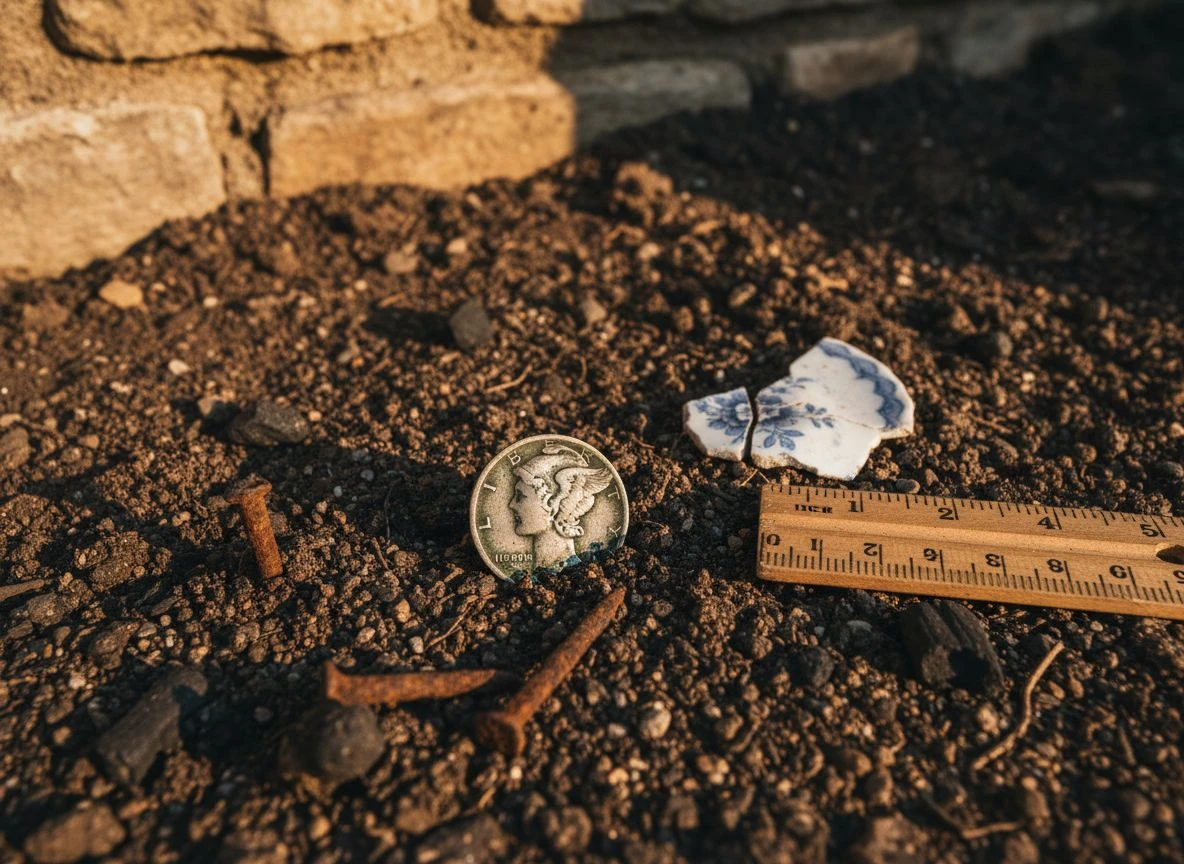 A silver Mercury dime, a ruler, nails, and china fragments in soil at a homestead site.
