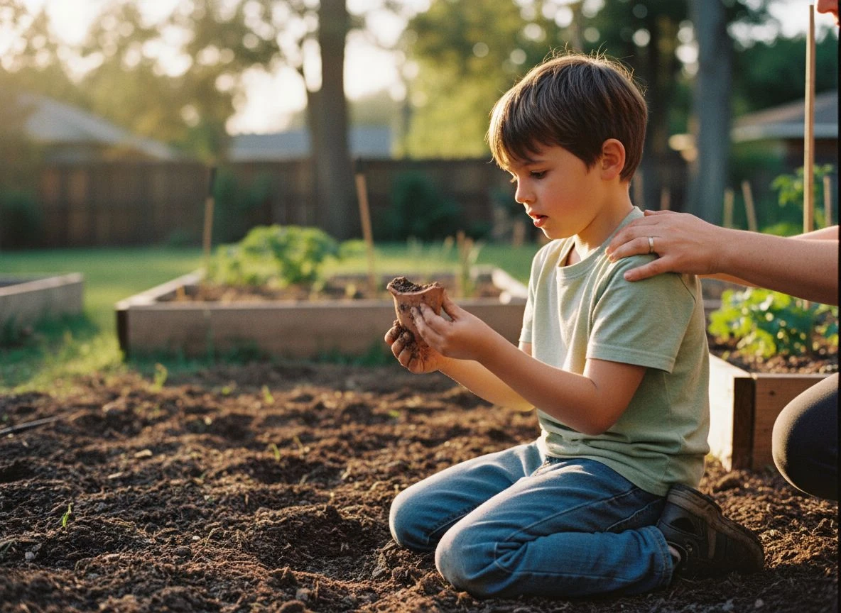 A child kneeling in a backyard garden examines a dirty pottery shard with curiosity during golden hour.