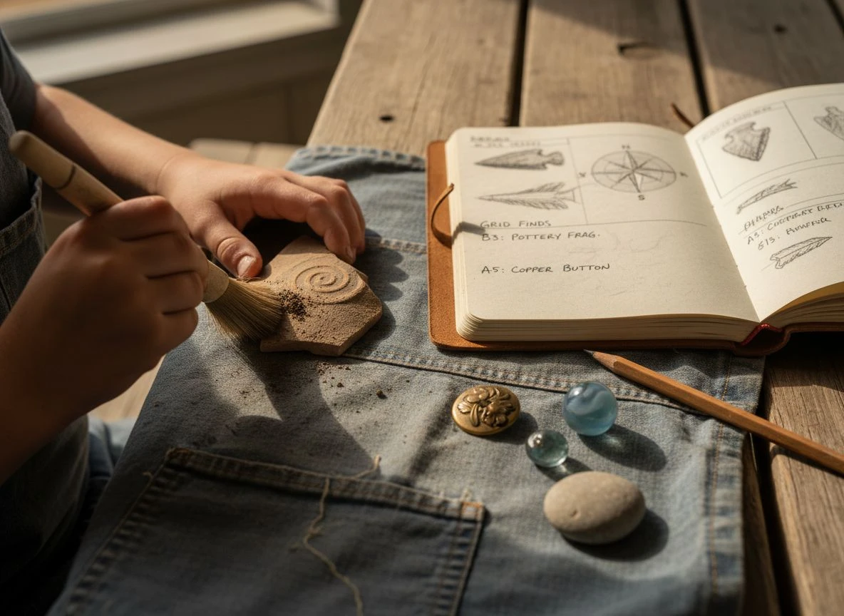 A child's hands brush dirt off an old coin on a denim cloth, with a field journal and other finds nearby.