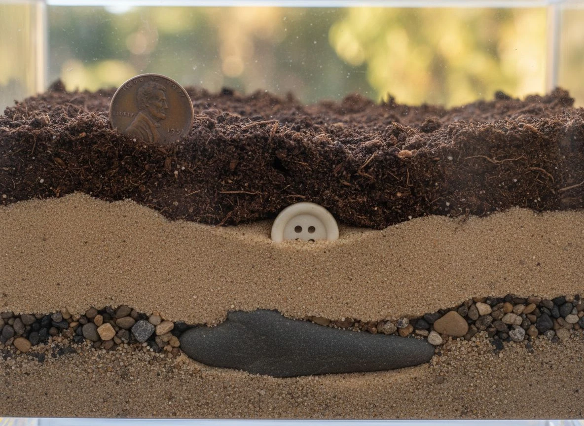 Close-up cross-section of soil layers in a dig box, with a penny, button, and stone tool embedded at different depths.