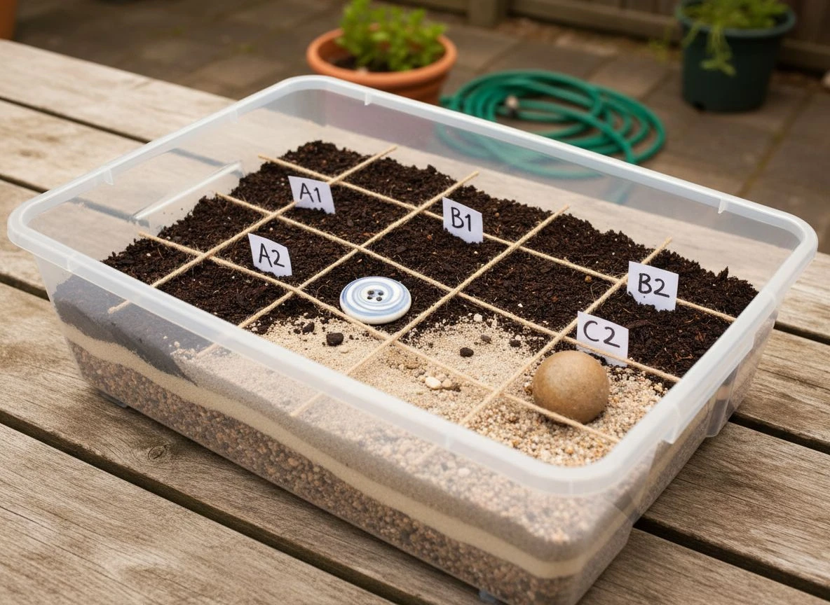 Overhead view of a backyard dig box with layered soil, a yarn grid, and partially buried replica artifacts.