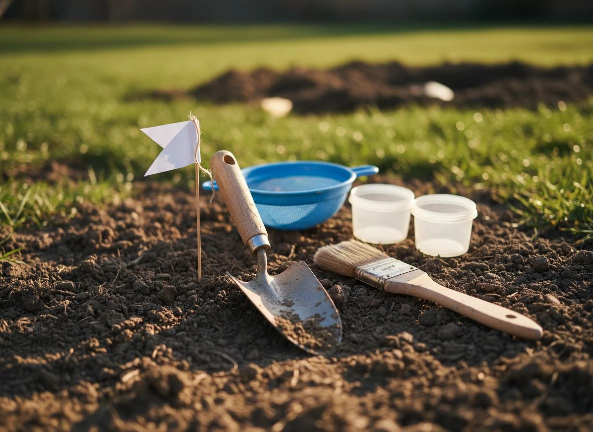 A practical set of kid-friendly digging tools laid out on dry soil, including a trowel, brush, sieve, and containers.