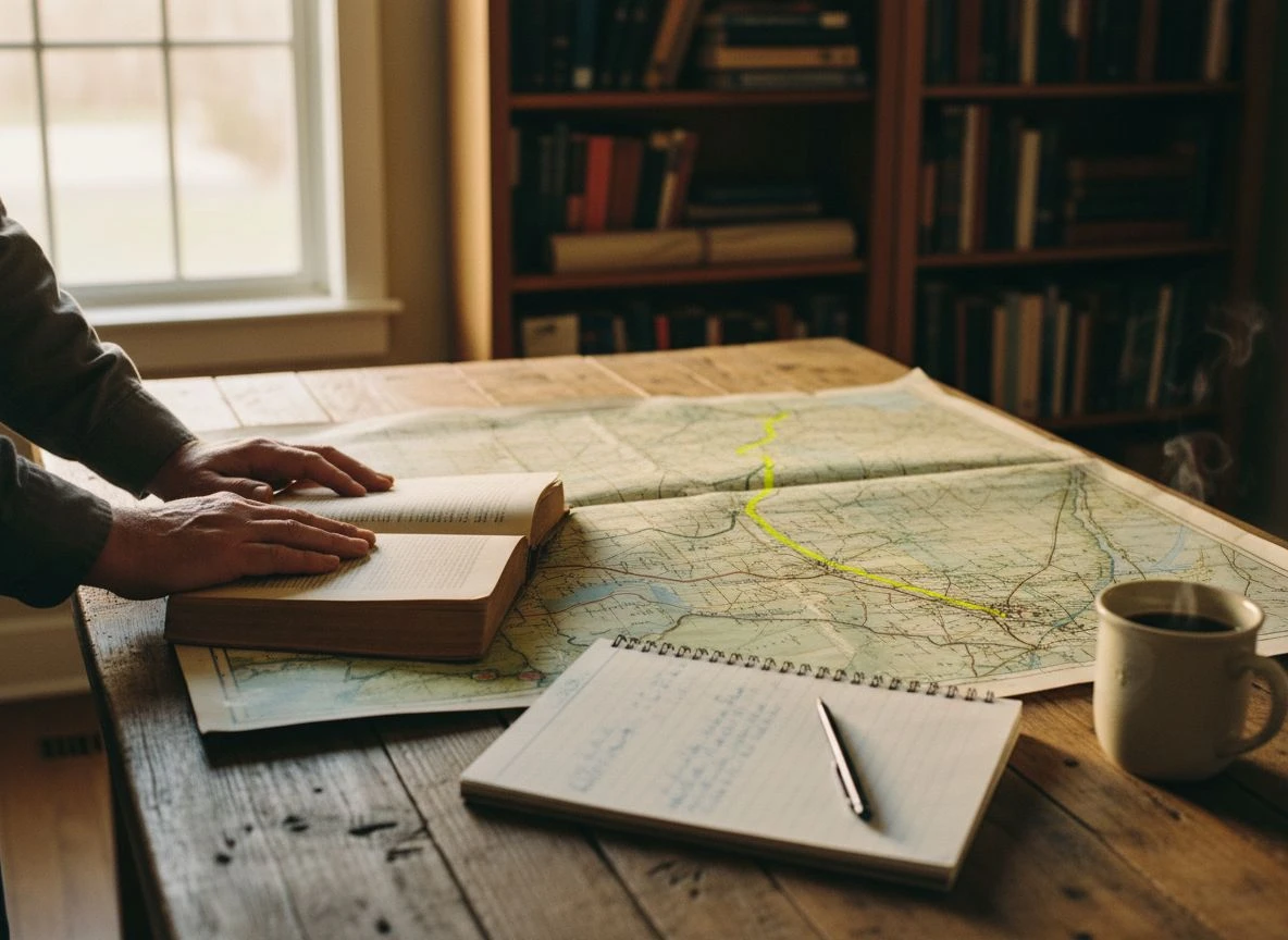 An open book on abandoned railroads, a highlighted map, and notepad on a wooden table, illustrating archival metal detecting research.
