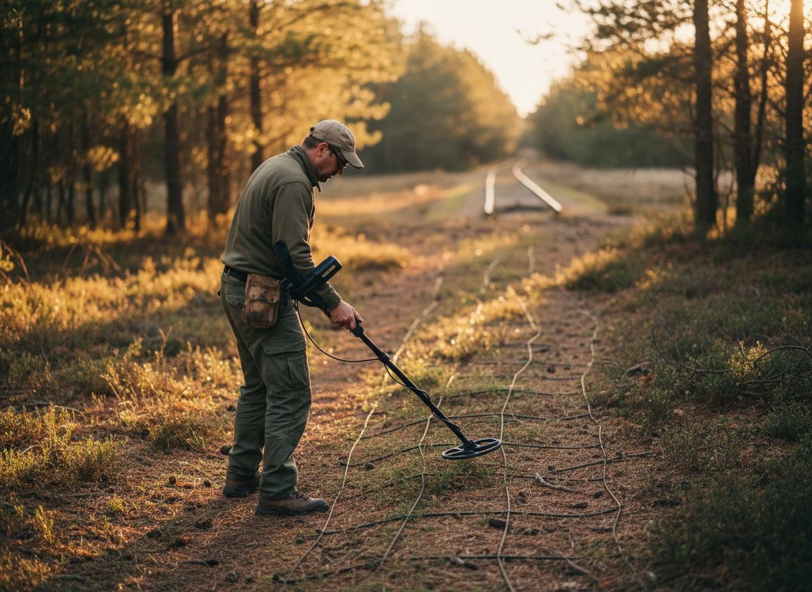 A metal detectorist swinging his detector along a wooded path during golden hour, searching for relics.