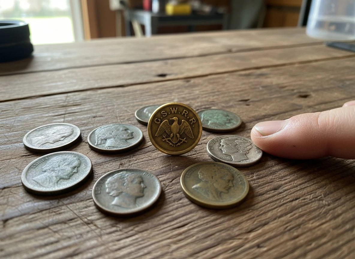 A close-up of found Indian Head pennies, Buffalo nickels, and a brass railroad button on weathered wood.