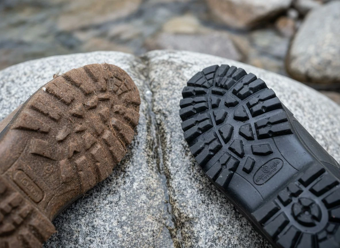 A close-up comparison of a felt sole and a cleated rubber sole on a wet, slick granite rock.