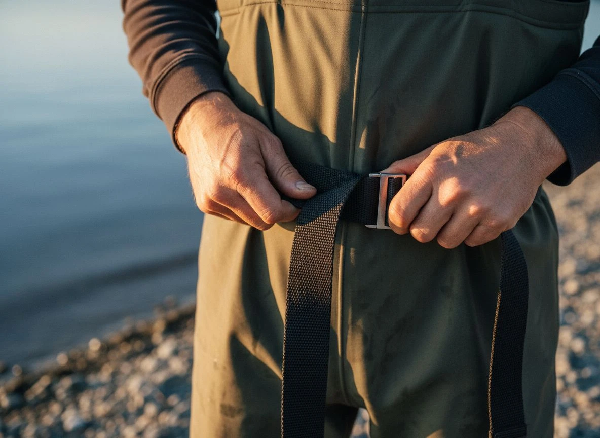 Close-up of weathered hands tightening a black wading belt over a pair of chest waders.