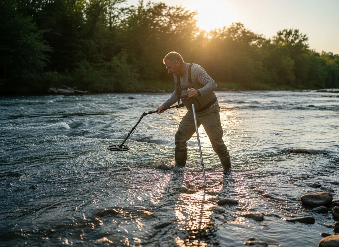 A detectorist uses a wading staff for stability while crossing a river, leaning into the current with the staff planted downstream.