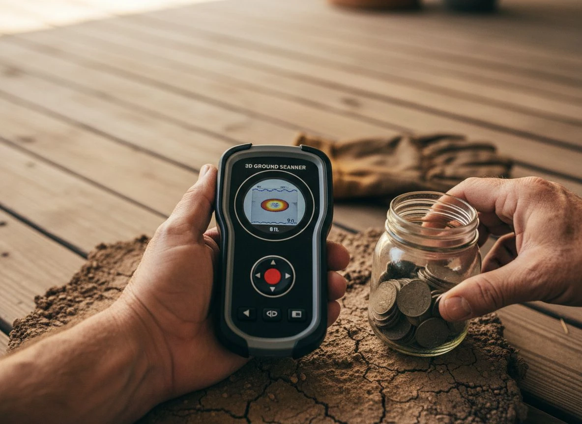 Hand holding a 3D ground scanner with a subsurface display next to a mason jar of old silver coins found using the device.