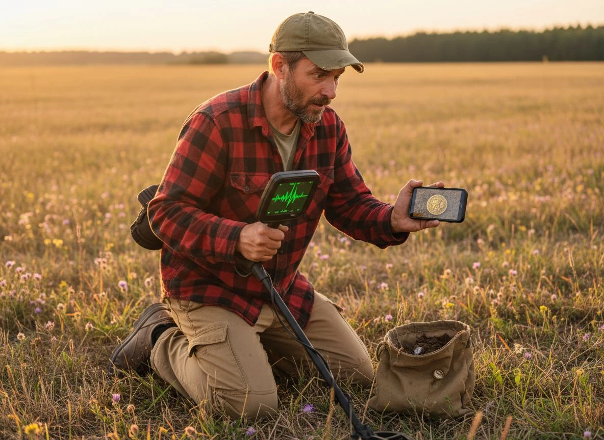 Metal detectorist kneeling in a field using a smartphone with 3D target visualization and a smart detector at golden hour.