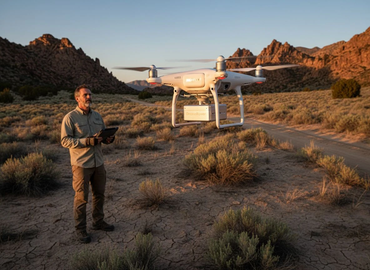 Drone with metal detection sensor hovering over a desert valley while a detectorist monitors a tablet below.