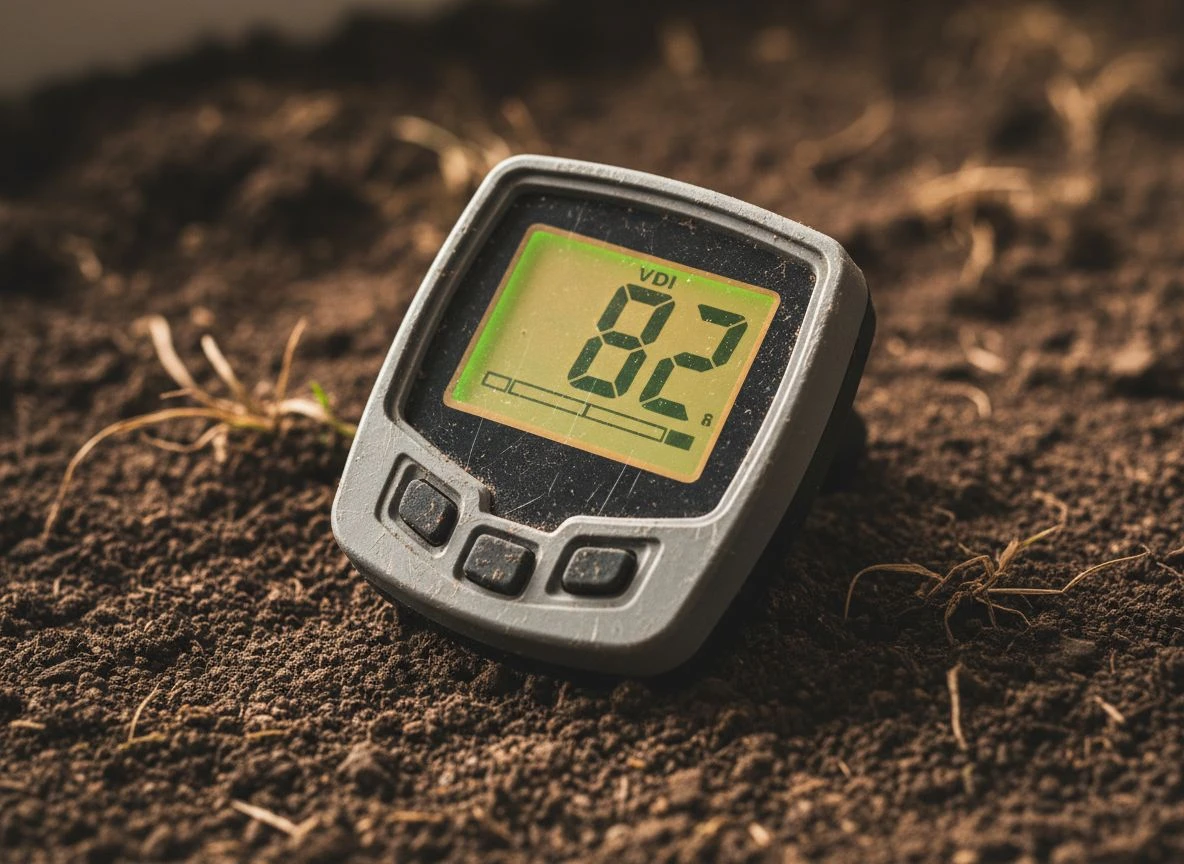 Close-up of a metal detector's screen showing a clear Target ID number and depth reading.