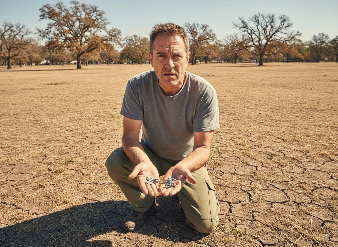 Frustrated metal detectorist kneels in a dry field, holding a handful of pull-tabs and foil trash found with a gold detector.