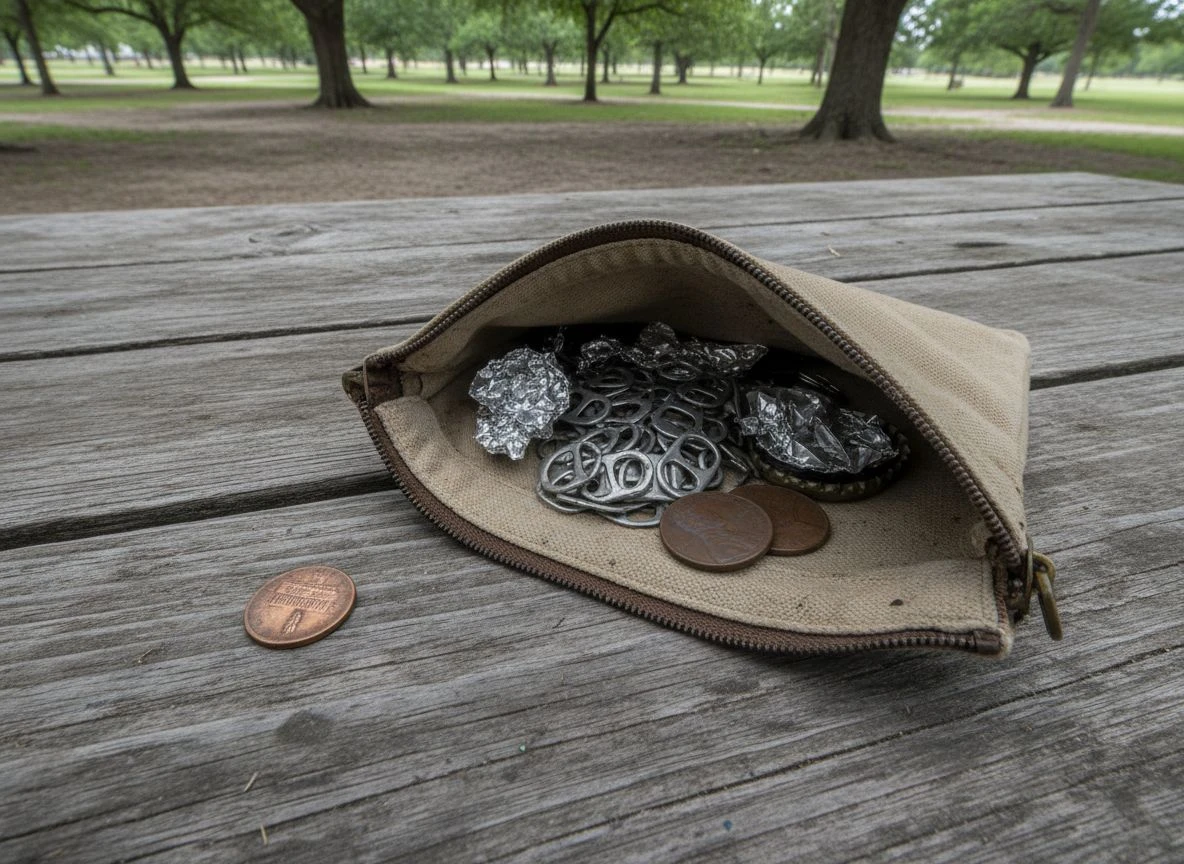 Overhead view of a finds pouch full of trash pull-tabs and foil with one old wheat penny.