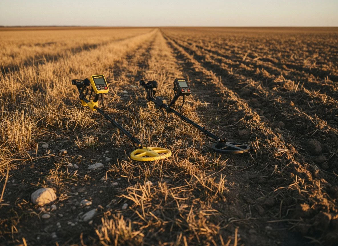 Two different metal detectors resting on soil: a gold prospecting model and a multi-frequency coin shooting model.