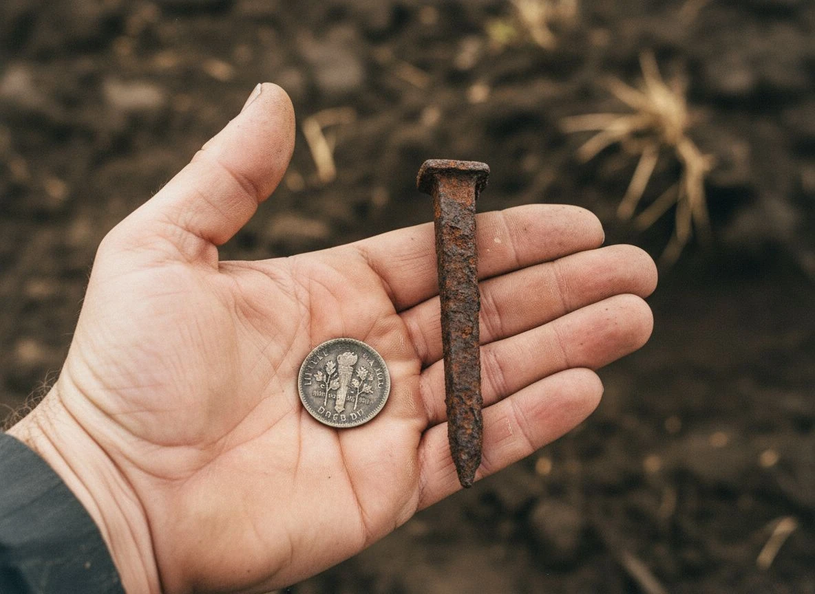 A dirt-covered hand holds an old silver dime next to a large rusty nail, illustrating how iron can mask a coin's signal.