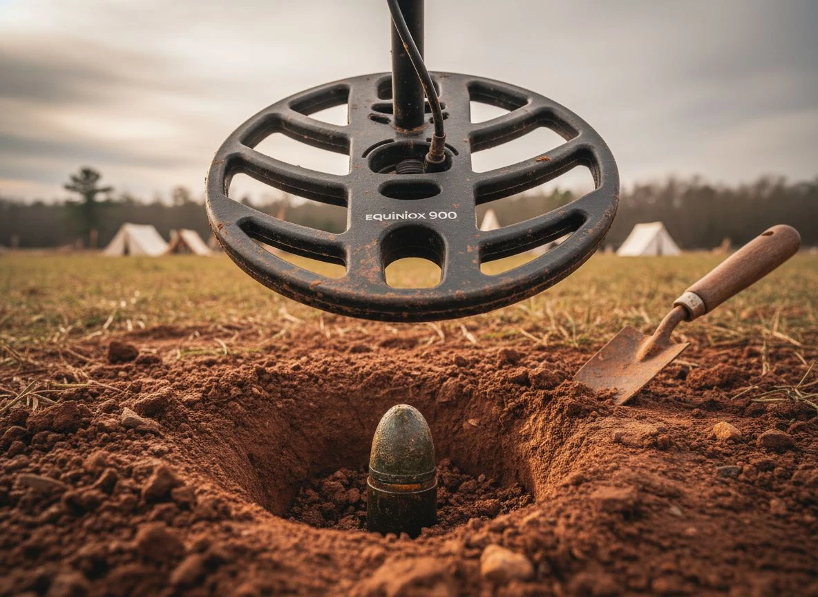 Metal detector coil over a hole with a rusty Minie ball in clay soil, demonstrating how rust halos cause false high-conductivity signals.