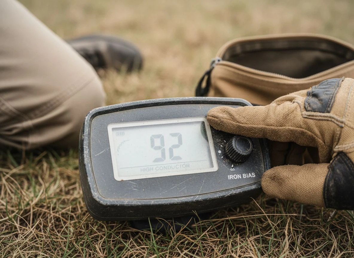 Close-up of a dusty glove adjusting the Iron Bias setting on a metal detector's control panel in the field.